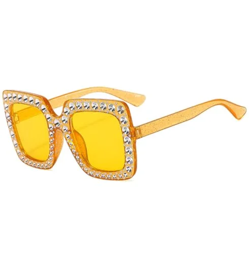 IKANOO Oversized Crystal Sunglasses for Women Square Thick Frame Bling Rhinestone Sparkling Glasses (Yellow)