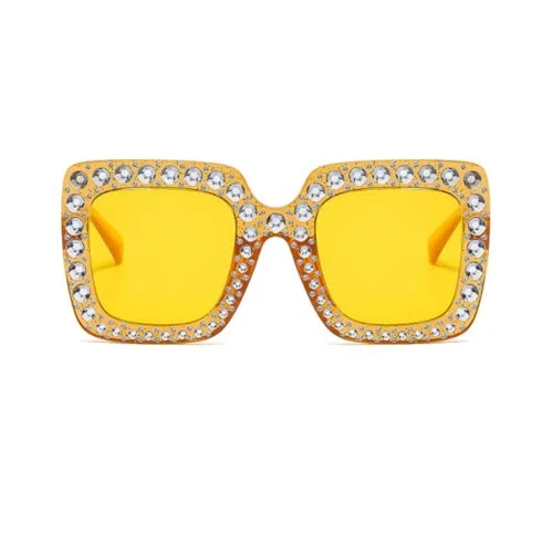 IKANOO Oversized Crystal Sunglasses for Women Square Thick Frame Bling Rhinestone Sparkling Glasses (Yellow) 2