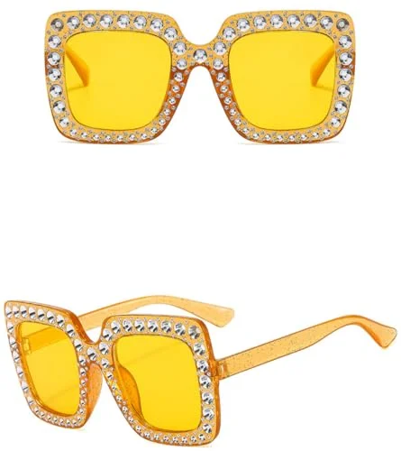IKANOO Oversized Crystal Sunglasses for Women Square Thick Frame Bling Rhinestone Sparkling Glasses (Yellow) 3