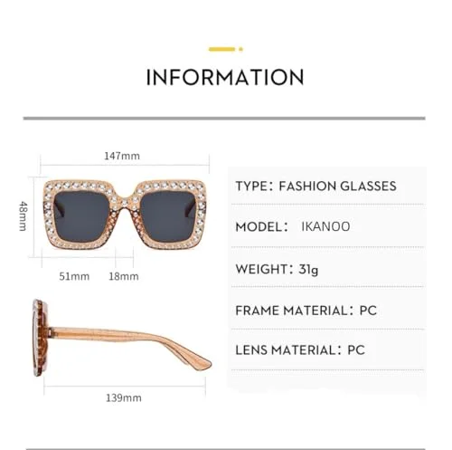 IKANOO Oversized Crystal Sunglasses for Women Square Thick Frame Bling Rhinestone Sparkling Glasses (Yellow) 4