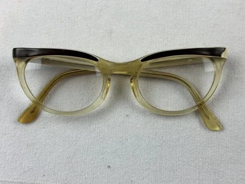 vintage eyeglasses frames plastic cats eye yellow brown 5-1/2